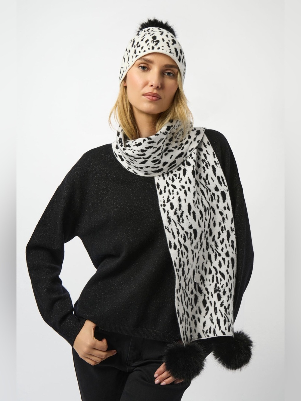 Joseph Ribkoff Black & White Animal Print Scarf with Pom Poms NWT Scarf Only